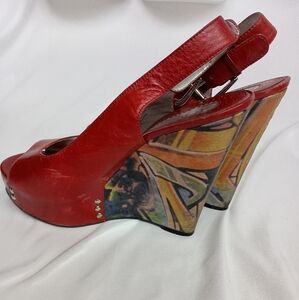 ZINC Barbiecore Stylish Red Wedge Preppy Graffiti‎ Punk Artistic Sandals 8 (#11)